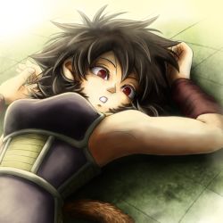 Rule 34 | 1girl, armor, armpits, arms up, artist request, bare arms, bare shoulders, black hair, breasts, cowboy shot, dragon ball, expressionless, fingernails, floor, gine, long hair, looking to the side, lying, mature female, medium breasts, monkey tail, muscular, on back, on floor, parted lips, red eyes, saiyan, solo, solo focus, spiked hair, tail, teeth, tile floor, tiles, upper body, wristband