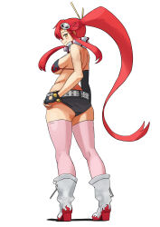Rule 34 | 1girl, absurdres, ass, breasts, highres, large breasts, ponytail, red hair, scarf, simple background, solo, striped clothes, striped scarf, tengen toppa gurren lagann, yoko littner