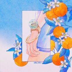 Rule 34 | 1girl, arm at side, blue background, blue theme, border, bracelet, close-up, commentary, compass, english commentary, flower, food, fruit, glasses, hand focus, highres, jewelry, little lilikoi, miniskirt, nami (one piece), one piece, out of frame, plant, skirt, solo, twitter username, white flower