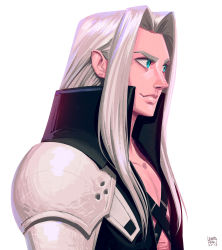 Rule 34 | 1boy, aqua eyes, armor, artist name, black jacket, chest strap, final fantasy, final fantasy vii, final fantasy vii remake, grey hair, high collar, highres, jacket, leandro franci, long bangs, long hair, looking to the side, male focus, open collar, parted bangs, portrait, sephiroth, shoulder armor, smirk, solo, straight hair, upper body, white background