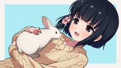 Rule 34 | 1girl, :d, animal, asada hachi, black hair, blue background, blunt bangs, blush, border, brown eyes, collarbone, commentary, dutch angle, flower, hair flower, hair ornament, happy, highres, holding, holding animal, holding rabbit, long sleeves, looking at another, open mouth, outside border, pink flower, rabbit, short hair, simple background, smile, solo, sweater, toudou kotone, tsuushinbo ~mama ni mo naisho no jikanwari~, twitter username, upper body, watermark, white border, yellow sweater