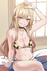 Rule 34 | 1girl, arm support, arm up, bare arms, bare shoulders, bed, bikini, black bikini, blonde hair, blush, breasts, cleavage, commentary request, crossed legs, floral print, grin, highres, indoors, kitagawa marin, long hair, looking at viewer, medium breasts, navel, print bikini, red eyes, shaka (staito0515), sitting, smile, solo, sono bisque doll wa koi wo suru, swimsuit, very long hair, window