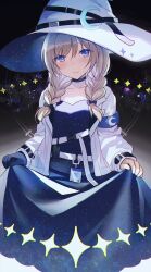Rule 34 | 1girl, armband, blue choker, blue dress, blue eyes, blue gloves, blush, braid, choker, closed mouth, collarbone, commentary, craytm, crescent, dress, gloves, hair between eyes, hair over shoulder, hat, highres, jacket, long hair, long sleeves, looking at viewer, low twintails, open clothes, open jacket, original, puffy long sleeves, puffy sleeves, single glove, sky, sleeves past wrists, smile, solo, star (sky), starry sky, twin braids, twintails, white hat, white jacket, witch hat