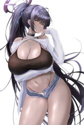 Rule 34 | 1girl, absurdres, ahoge, alternate costume, arm under breasts, bare shoulders, black camisole, black choker, black hair, blue archive, blush, breasts, camisole, choker, cleavage, closed mouth, criss-cross halter, crop top, cross, cross necklace, cutoffs, dark-skinned female, dark skin, denim, denim shorts, earrings, furrowed brow, gradient hair, hair between eyes, halo, halterneck, hand to own mouth, highres, huge breasts, jewelry, karin (blue archive), layered panties, long hair, looking at viewer, micro shorts, midriff, multicolored hair, nail polish, navel, necklace, noa (skae3323), o-ring, o-ring choker, open fly, panties, ponytail, purple hair, purple halo, shorts, skindentation, solo, sweater, thighs, underwear, very long hair, white nails, white panties, white sweater, yellow eyes