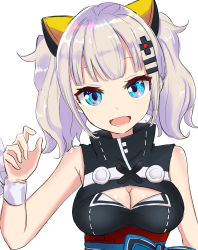 Rule 34 | 1girl, :d, bad id, bad pixiv id, bare shoulders, black dress, blue eyes, blunt bangs, blush, breasts, cleavage, cleavage cutout, clothing cutout, commentary request, coraman, dress, eyelashes, hair ornament, hairclip, hand up, head tilt, highres, kaguya luna, long hair, looking at viewer, medium breasts, obi, open mouth, ribbon, sash, sidelocks, silver hair, simple background, sleeveless, sleeveless dress, smile, solo, the moon studio, tsurime, twintails, virtual youtuber, white background, white ribbon, wrist ribbon