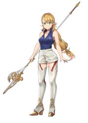 Rule 34 | 1girl, absurdres, blonde hair, blouse, braid, buttons, closed mouth, contemporary, crown braid, ebinku, fire emblem, fire emblem heroes, full body, green eyes, high heels, highres, holding, holding polearm, holding weapon, long hair, nintendo, polearm, sharena (fire emblem), shirt, shorts, simple background, sleeveless, sleeveless shirt, smile, solo, standing, weapon, white background