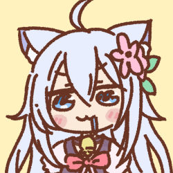 Rule 34 | 1girl, :3, ahoge, animal ears, bell, blue eyes, blush stickers, cheat kusushi no slow life, chibi, drooling, flower, hair flower, hair ornament, long hair, neck bell, noela (cheat kusushi no slow life), silver hair, simple background, solo, tosaka112, upper body, wolf ears, wolf girl, yellow background