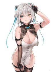 Rule 34 | 1girl, armband, bare shoulders, black thighhighs, blue eyes, blush, breasts, cleavage, closed mouth, double bun, dress, dsmile, fingerless gloves, fingernails, floral print, garter straps, gloves, grey hair, hair bun, hand up, heterochromia, highres, large breasts, lips, looking at viewer, nail polish, original, page number, revealing clothes, shiny skin, short dress, simple background, sleeveless, smile, solo, thighhighs, thighs, v, white dress, yellow eyes, zipper, zipper pull tab