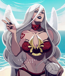 Rule 34 | 1girl, accessories, angel, angel wings, avacyn, ball, beach, bikini, black lips, blue sky, collar, cowboy shot, dated, grey eyes, holding, holding ball, long hair, magic: the gathering, navel, ocean, oraclesaturn, sky, swimsuit, tattoo, v, volleyball (object), white hair, wings