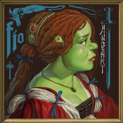 Rule 34 | artist name, breasts, cleavage, colored skin, dress, from side, green skin, highres, hindsart, jewelry, long hair, medium breasts, necklace, ogre, orange hair, picture frame, portrait, princess fiona, red dress, shrek (series)