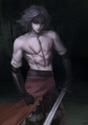 Rule 34 | 1boy, cahara, cowboy shot, fear &amp; hunger, gloves, grey hair, highres, holding, holding sword, holding weapon, looking down, male focus, medium hair, nat the lich, painterly, pectorals, scar, scar on chest, sword, toned, toned male, topless male, weapon