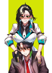 Rule 34 | 1boy, 1girl, absurdres, behind another, black hair, black shirt, blue hair, blush, breasts, brown hair, brown jacket, commentary request, commission, dogs (dlrkdejr26), earrings, girls&#039; frontline, gloves, green eyes, green hair, green nails, hair ornament, hands on another&#039;s shoulders, highres, jacket, jewelry, korean commentary, large breasts, light blue hair, long hair, long sleeves, looking at another, mole, mole under eye, multicolored hair, nail polish, necktie, open mouth, original, python (girls&#039; frontline), ring, scar, shirt, shooting gloves, short hair, simple background, smile, solo, star pin, streaked hair, sweat, two-tone background, two-tone hair, wedding ring, white jacket, white necktie, white shirt