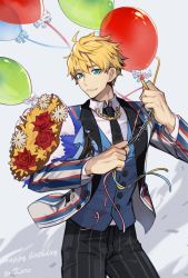 Rule 34 | 1boy, ahoge, arthur pendragon (fate), arthur pendragon (formal dress) (fate), balloon, blonde hair, blue eyes, bouquet, fate/prototype, fate (series), flower, grin, hair between eyes, happy birthday, highres, holding, holding balloon, jacket, looking at viewer, male focus, necktie, pants, patient zero, short hair, smile, solo, striped clothes, striped jacket, striped pants, waistcoat