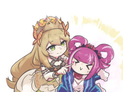 Rule 34 | &gt; &lt;, 2girls, blonde hair, blue dress, blunt bangs, bow, butterfly hair ornament, celine (fire emblem), cheek poking, closed eyes, closed mouth, crown, detached sleeves, dress, facial mark, fire emblem, fire emblem engage, flower, green eyes, hair flower, hair ornament, hair rings, heart, heart facial mark, hortensia (fire emblem), long hair, long sleeves, looking at another, multiple girls, nintendo, orange bow, pflglcht, pink hair, poking, puffy long sleeves, puffy sleeves, red flower, red rose, rose, smile, tiara, very long hair, white background, wrist bow, yellow dress