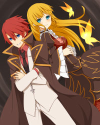 Rule 34 | back-to-back, beatrice (umineko), blonde hair, blue eyes, blush, bow, bug, butterfly, cape, choker, crossed arms, dress, formal, grin, hair down, insect, long hair, necktie, nemu (nebusokugimi), no naku koro ni (series), own hands together, red hair, short hair, smile, suit, umineko no naku koro ni, ushiromiya battler