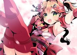 Rule 34 | 1girl, armband, armpits, belt, belt buckle, breasts, buckle, cat, cherry blossom print, cherry blossoms, cleavage, cleavage cutout, clothing cutout, floral print, flower, green eyes, hair ornament, hairclip, holding head, hololive, kintoki (sakura miko), kneepits, legs, nontraditional miko, one side up, open mouth, petals, pink hair, sakura miko, sakura miko (old design), signature, skirt, thighhighs, virtual youtuber, watermark, zest (lossol), zettai ryouiki