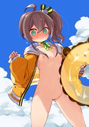 Rule 34 | 1girl, absurdres, ahoge, blue sky, blush, breasts, brown hair, cat hair ornament, cleft of venus, cloud, day, embarrassed, female focus, green eyes, hair between eyes, hair ornament, hair ribbon, highres, holding, holding swim ring, hololive, innertube, jacket, long hair, looking at viewer, mota, naked jacket, natsuiro matsuri, natsuiro matsuri (1st costume), navel, neck ribbon, nipples, open clothes, open jacket, outdoors, pussy, ribbon, side ponytail, sky, small breasts, smile, solo, standing, swim ring, uncensored, virtual youtuber, wavy mouth, wet