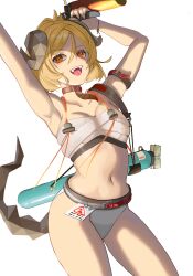 Rule 34 | 1girl, absurdres, arknights, arm strap, armpits, arms up, bandages, bikini, blonde hair, breasts, chest sarashi, choker, cleavage, commentary, cowboy shot, highres, holding, horns, ifrit (arknights), ifrit (sunburn) (arknights), navel, official alternate costume, sarashi, short hair, simple background, small breasts, solo, standing, stomach, swimsuit, tail, thighs, uinref, white background, white bikini