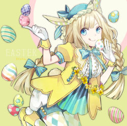 Rule 34 | 1girl, :q, animal ears, blue eyes, braid, buzz (moi), easter, easter egg, egg, gloves, leaning forward, light brown hair, long hair, looking at viewer, md5 mismatch, original, rabbit ears, smile, solo, tongue, tongue out, twin braids, white gloves