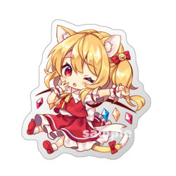 Rule 34 | 1girl, ;o, animal ears, bell, blonde hair, bow, cat ears, crystal, flandre scarlet, full body, hair bell, hair bow, hair ornament, looking at viewer, lowres, mimi (mimi puru), one eye closed, one side up, red bow, red eyes, red footwear, red skirt, red vest, sample watermark, shirt, skirt, socks, solo, touhou, vest, watermark, white shirt, white socks, wings, wrist cuffs