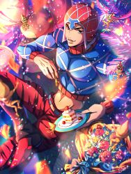 Rule 34 | 1boy, :d, absurdres, beanie, belt, black eyes, blue sweater, bouquet, cake, flower, food, fork, grin, guido mista, hat, highres, holding, holding fork, holding plate, jojo no kimyou na bouken, looking at viewer, male focus, midriff, navel, open mouth, orange pants, pants, plate, red flower, red rose, rose, sex pistols (stand), smile, solo, stand (jojo), sweater, vento aureo, watawata nr (siroraku)