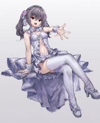Rule 34 | 1girl, :d, absurdres, blush, bow, breasts, crossed legs, dress, grey hair, hair between eyes, hair ornament, headdress, high heels, highres, idolmaster, idolmaster cinderella girls, idolmaster cinderella girls starlight stage, kanzaki ranko, long hair, looking at viewer, medium breasts, midriff, navel, open mouth, outstretched arm, reaching, reaching towards viewer, red eyes, ribbon, simple background, sitting, smile, solo, thighhighs, twintails, white dress, white thighhighs, wrist cuffs, yanyan (shinken gomi)