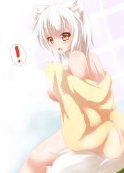 Rule 34 | !, 1girl, animal ears, bad id, bad pixiv id, blush, breasts, commentary request, hajime (ak-r), inubashiri momiji, large breasts, naked towel, open mouth, sideboob, silver hair, solo, spoken exclamation mark, tail, touhou, towel, wet, wolf ears, wolf tail, yellow eyes