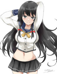 Rule 34 | 1girl, arms behind head, arms up, artist name, black hair, black skirt, blush, breasts, closed mouth, cowboy shot, dated, gakky, grey eyes, isokaze (kancolle), kantai collection, long hair, long sleeves, looking at viewer, medium breasts, midriff, navel, one-hour drawing challenge, pleated skirt, school uniform, serafuku, shirt, simple background, skirt, smile, solo, white background, white shirt