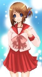 Rule 34 | 00s, 1girl, blue eyes, bow, bowtie, brown hair, collarbone, folded ponytail, komaki manaka, long sleeves, looking at viewer, pleated skirt, red skirt, sailor collar, school uniform, serafuku, shirt, skirt, smile, solo, to heart (series), to heart 2, white shirt
