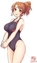 Rule 34 | 1girl, aquila (kancolle), artist logo, black one-piece swimsuit, brown eyes, brown hair, commentary request, competition swimsuit, cowboy shot, dated, hair ornament, hairclip, own hands clasped, high ponytail, highleg, highleg swimsuit, highres, kanon (kurogane knights), kantai collection, long hair, looking at viewer, one-piece swimsuit, own hands together, simple background, smile, solo, swimsuit, wavy hair, white background