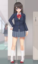 Rule 34 | 2girls, arm at side, black hair, black jacket, blazer, blue eyes, blurry, blurry background, blush, bow, bowtie, buttons, collared shirt, day, eto, full body, grey skirt, hallway, hand on own hip, highres, indoors, jacket, kneehighs, long sleeves, looking at viewer, looking to the side, miniskirt, multiple girls, original, pleated skirt, school uniform, shirt, shoes, skirt, socks, solo focus, standing, striped bow, striped bowtie, striped clothes, striped neckwear, sweater vest, two side up, uwabaki, white shirt, white socks, window, wing collar