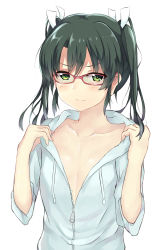 Rule 34 | 10s, 1girl, absurdres, alternate costume, bespectacled, breasts, collarbone, female focus, glasses, green eyes, green hair, hair between eyes, highres, hood, hooded track jacket, jacket, kantai collection, long hair, nagiha kuten, no bra, open clothes, ribbon, sleeves rolled up, small breasts, smile, solo, track jacket, twintails, unzipped, upper body, white ribbon, zuikaku (kancolle)