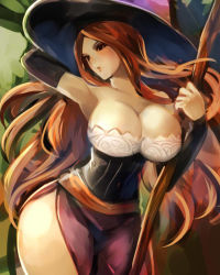 Rule 34 | 1girl, bare shoulders, breasts, brown eyes, cleavage, detached sleeves, dragon&#039;s crown, dress, hat, kobanzame, large breasts, long hair, looking to the side, red hair, side slit, solo, sorceress (dragon&#039;s crown), staff, strapless, strapless dress, thick thighs, thighs, witch, witch hat