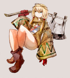 Rule 34 | 1009, 1girl, axe, blonde hair, blue eyes, boots, crossed legs, final fantasy, final fantasy tactics, geomancer (fft), gloves, knees, large sleeves, legs, no panties, solo, thighs, twintails, upskirt, weapon