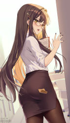 Rule 34 | 1girl, black nails, black pantyhose, black skirt, blonde hair, blush, brown eyes, brown hair, colored inner hair, floating hair, from behind, glasses, highres, long hair, looking at viewer, looking back, multicolored hair, nail polish, open hand, open mouth, original, pantyhose, rosuuri, skirt, smile, solo, sticky note