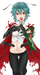 Rule 34 | 1girl, absurdres, antennae, bifrst, cape, earrings, extra arms, fangs, green hair, highres, arthropod girl, jewelry, midriff, monster girl, navel, aged up, open mouth, red eyes, short hair, solo, touhou, wings, wriggle nightbug