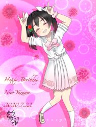 Rule 34 | 1girl, a song for you! you? you!, artist name, artist request, bare legs, black hair, blush, bow, collarbone, closed eyes, female focus, flower, hair bow, hair flower, hair ornament, highres, looking at viewer, love live!, love live! school idol project, neckerchief, nico nico nii, parted lips, pink neckerchief, pink scrunchie, red eyes, red flower, sailor collar, scrunchie, shirt, shoes, short hair, skirt, smile, solo, standing, standing on one leg, twintails, white bow, white footwear, white legwear, white shirt, white skirt, yazawa nico, yoruhanagai22