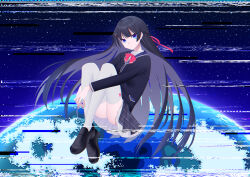 Rule 34 | absurdres, black footwear, black jacket, black skirt, blazer, blue eyes, closed mouth, commentary request, earth (planet), expressionless, floating, floating hair, glitch, gradient eyes, hair ornament, hair ribbon, hairclip, highres, hinoyama ena, hugging own legs, jacket, knees up, long hair, long sleeves, looking at viewer, multicolored eyes, neck ribbon, nijisanji, plaid, plaid skirt, planet, pleated skirt, purple eyes, red ribbon, ribbon, scanlines, school uniform, shoes, skirt, sky, space, star (sky), starry sky, thighhighs, tsukino mito, tsukino mito (1st costume), unmoving pattern, upskirt, virtual youtuber, white thighhighs