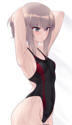 Rule 34 | 1girl, armpits, arms behind head, black one-piece swimsuit, blush, breasts, collarbone, competition swimsuit, corrupted twitter file, covered navel, cowboy shot, girls und panzer, green eyes, highres, itsumi erika, kuzuryuu kennosuke, long hair, one-piece swimsuit, open mouth, sideboob, simple background, small breasts, solo, swimsuit, wet, white background, white hair