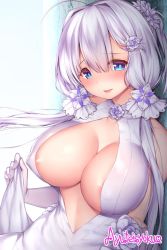 Rule 34 | 1girl, ahoge, areola slip, ayuteisyoku, azur lane, bad id, bad twitter id, blue eyes, blush, breasts, cleavage, clothes lift, covered erect nipples, dress, dress lift, elbow gloves, gloves, hair ornament, illustrious (azur lane), illustrious (morning star of love and hope) (azur lane), inactive account, large breasts, long hair, looking at viewer, low twintails, mole, mole under eye, open mouth, smile, solo, twintails, twitter username, wedding dress, white dress, white gloves, white hair