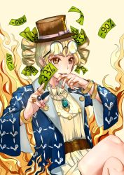 Rule 34 | 1girl, adapted costume, antinomy of common flowers, blonde hair, commentary request, earrings, eyewear on head, fire, gem, highres, holding, jewelry, junktinr, crossed legs, necklace, ojou-sama pose, open clothes, open mouth, open shirt, over-rim eyewear, ring, semi-rimless eyewear, shirt, smile, solo, steam (platform), touhou, yellow eyes, yorigami jo&#039;on