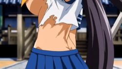 Rule 34 | 00s, 1girl, animated, breasts, butt crack, closed eyes, gloves, holding, holding weapon, ikkitousen, kan&#039;u unchou, large breasts, long hair, purple hair, red gloves, school uniform, sideboob, skirt, torn clothes, uniform, very long hair, weapon