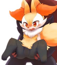 Rule 34 | 1girl, 1other, animal ear fluff, animal ears, animal feet, animal hands, animal nose, black fur, blush, body fur, braixen, breasts, carrying, claws, creatures (company), embarrassed, fang, female focus, flat chest, fox ears, fox girl, fox tail, furry, furry female, game freak, gen 5 pokemon, gen 6 pokemon, highres, legs, looking down, multicolored fur, neck fur, nintendo, no pussy, nose blush, open mouth, pokemon, pokemon (creature), ragu (apricolor), red eyes, sideways mouth, simple background, small breasts, snout, solo focus, spread legs, standing, tail, thick thighs, thighs, wavy mouth, white background, white fur, wide-eyed, yellow fur, zoroark