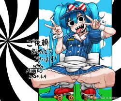 Rule 34 | 1girl, aotako, apron, black eyes, blue dress, blue hair, blue hat, blue sky, blush, bow, breasts, buttons, censored, cloud, commentary request, commission, double-breasted, double v, dress, empty eyes, full body, grey socks, hair between eyes, hair intakes, hat, hat bow, hatsune miku, long hair, medium bangs, mesmerizer (vocaloid), mosaic censoring, no panties, open mouth, paid reward available, puffy short sleeves, puffy sleeves, pussy, pussy juice, pussy juice puddle, red bow, red footwear, roller skates, sharp teeth, short sleeves, skates, sky, small breasts, smile, socks, solo, spiral, squatting, striped bow, striped clothes, striped dress, teeth, tongue, tongue out, translation request, twintails, v, vertical-striped clothes, vertical-striped dress, very long hair, visor cap, vocaloid, waist apron, white apron, white bow, wrist cuffs