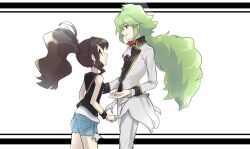 Rule 34 | 1boy, 1girl, asamaru1225, black vest, blue shorts, brown hair, buttons, creatures (company), eye contact, from side, game freak, green hair, high ponytail, highres, hilda (pokemon), jacket, long hair, long sleeves, looking at another, n (anniversary 2021) (pokemon), n (pokemon), nintendo, official alternate costume, open mouth, pants, parted lips, pokemon, pokemon bw, pokemon masters ex, ponytail, shirt, shorts, sidelocks, smile, vest, white background, white jacket, white pants, white shirt