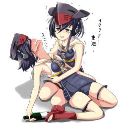 Rule 34 | 10s, 2girls, black hair, blush, bottle, commentary request, drooling, drunk, framed breasts, headgear, headphones, holding, i-13 (kancolle), i-14 (kancolle), kantai collection, looking at viewer, multiple girls, sake bottle, school swimsuit, school uniform, serafuku, short hair, simple background, sisters, sitting, swimsuit, swimsuit under clothes, tears, thighs, tk8d32, translated, trembling, unconscious, wariza, white background