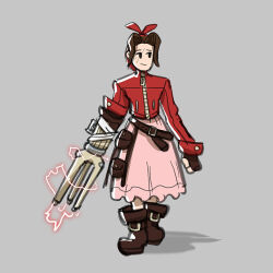 Rule 34 | 1girl, aerith gainsborough, arm mounted weapon, belt, black pupils, brown gloves, brown hair, dress, fingerless gloves, gloves, grey background, pale skin, pink dress, pointy hair, pouch, red ribbon, red zipped coat, ribbon, role reversal, sketchywindow, solo focus