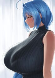 Rule 34 | 1girl, absurdres, ahoge, black sweater, blue eyes, blue hair, blush, breasts, commission, deka (deka 4242), embarrassed, from side, hair behind ear, half-closed eyes, highres, huge breasts, long hair, looking at viewer, low ponytail, mole, mole under mouth, original, ribbed sweater, skeb commission, sleeveless, sleeveless sweater, solo, sweater, variant set, very long hair