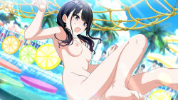 Rule 34 | 1girl, armpits, black hair, breasts, completely nude, feet, highres, idolmaster, idolmaster shiny colors, kazano hiori, nipples, nude, nude filter, open mouth, outdoors, pool, small breasts, soles, surprised, third-party edit, toes, tomari (veryberry00), water, waterpark