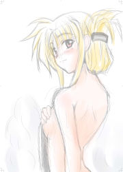 Rule 34 | 00s, 1girl, arched back, bare shoulders, blonde hair, blush, breasts, covering privates, covering breasts, eyebrows, fate testarossa, folded ponytail, highres, lyrical nanoha, mahou shoujo lyrical nanoha, mahou shoujo lyrical nanoha a&#039;s, mahou shoujo lyrical nanoha strikers, sideboob, sidelocks, simple background, small breasts, solo, upper body, white background